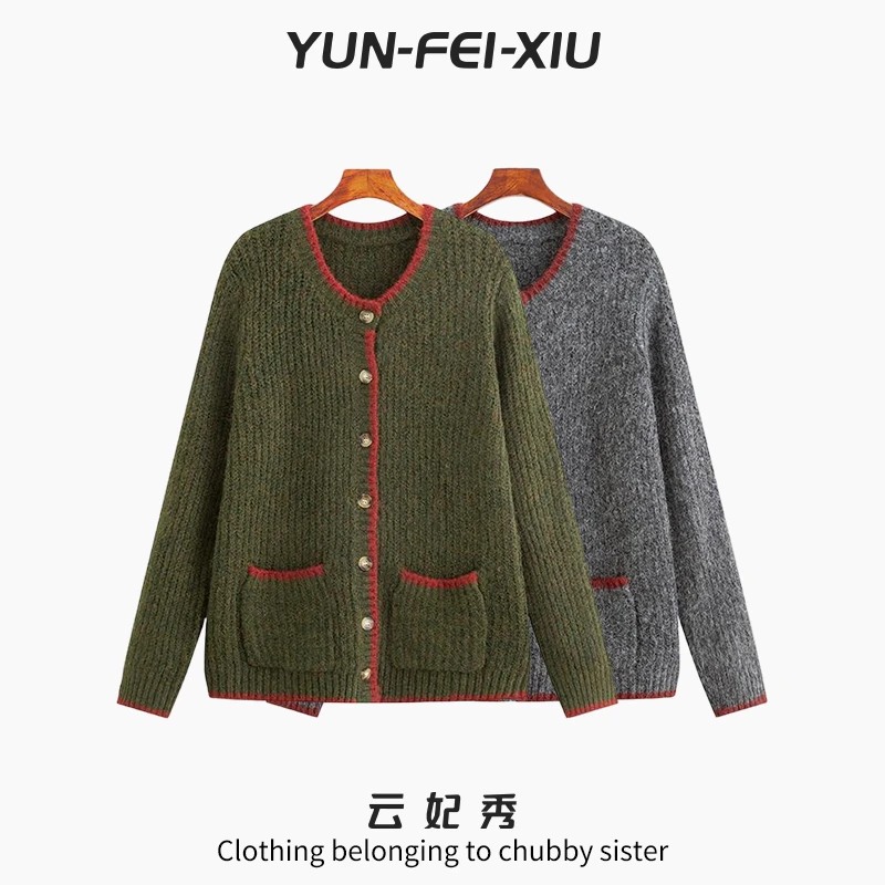 云妃秀大码女装针织衫圆领珠地开衫宽松显瘦遮肉胖妹妹秋23290