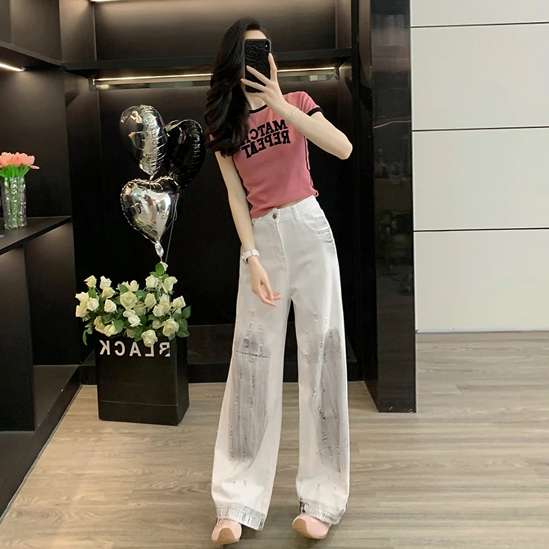 盐系炸街休闲运动套装女夏新款圆领修身短袖上衣牛仔阔腿裤两件套