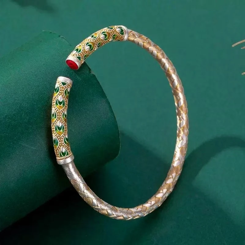 足银手镯 足银描金银手镯女足银999.9珐琅彩孔雀尾编织银国潮古风