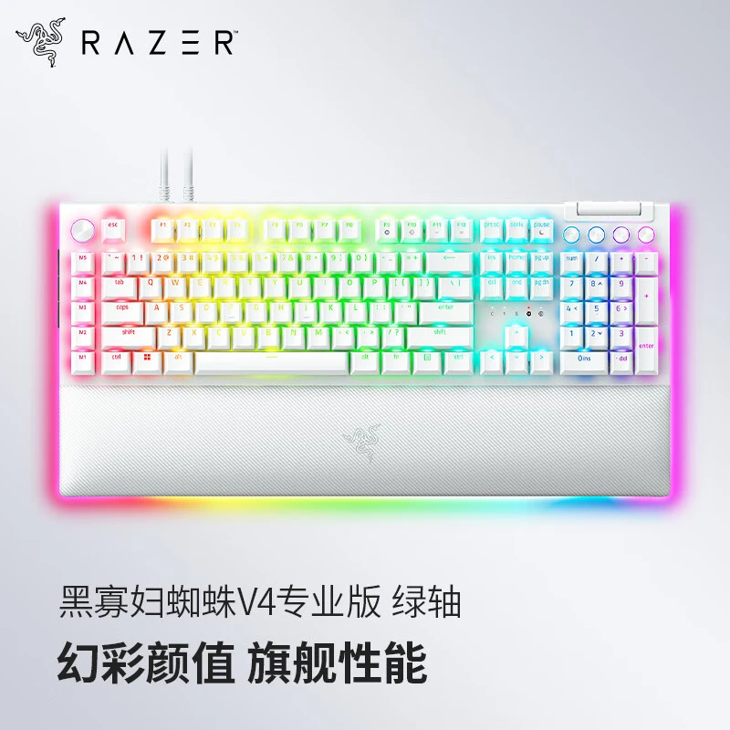99新 Razer/雷蛇 黑寡妇蜘蛛V4专业版机械键盘绿轴带RGB腕托白色