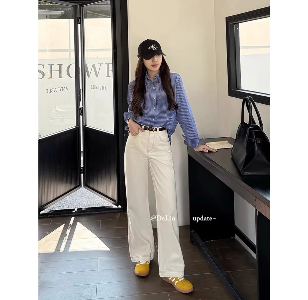 【运费险+现货】早秋新款米杏色牛仔裤女高腰显瘦窄版直筒裤