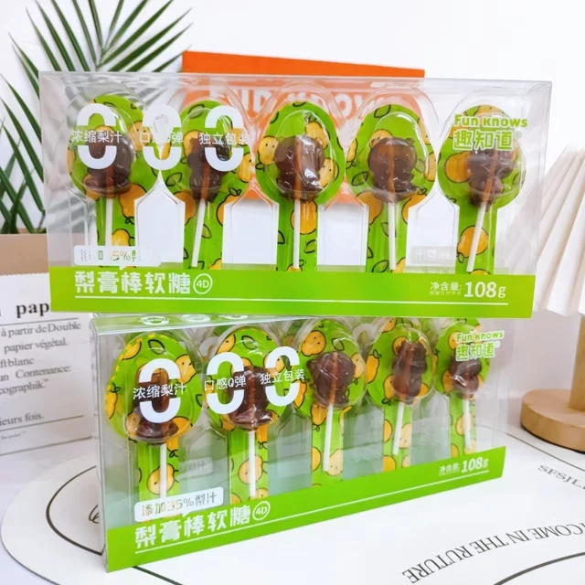 趣知道梨膏棒棒糖软糖不怎么甜108克零食卡通动物棒棒糖一盒十支
