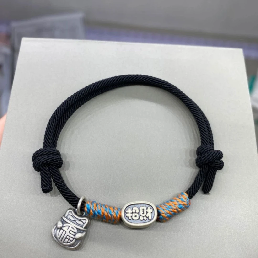足银手链 足银999招财纳福猫时尚手链复古情侣闺蜜宝宝纯手工