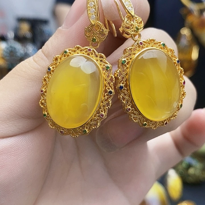 银S925镶嵌琥珀裸石耳坠