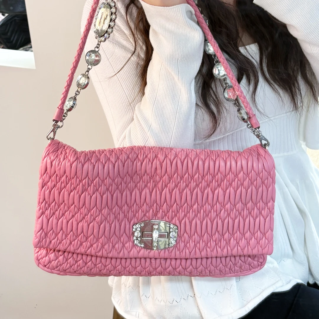 95新 MIU MIU/缪缪 褶皱粉色链条包