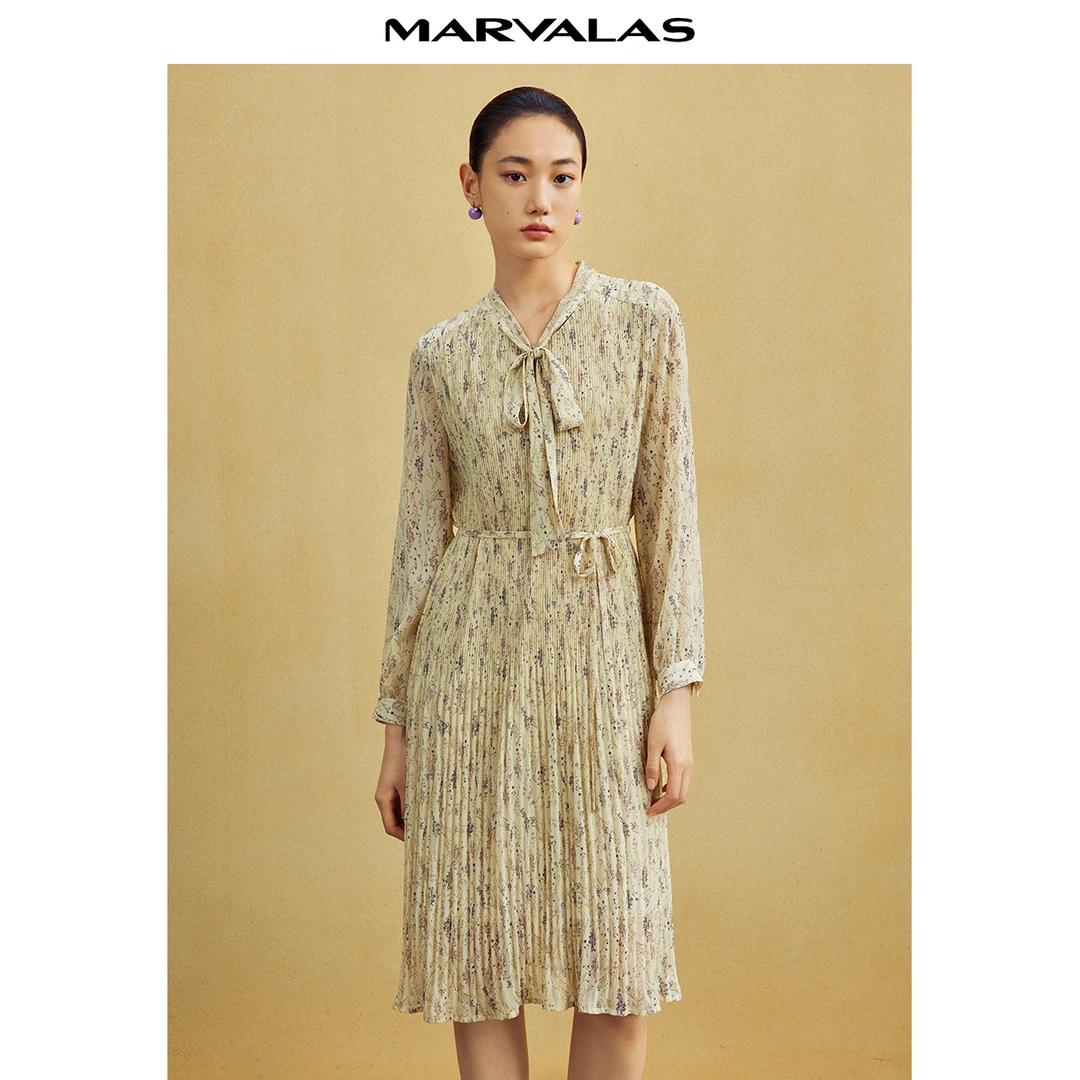 【众心专属】MC534308110曼德诗收腰连衣裙女长袖中长款印花雪纺裙