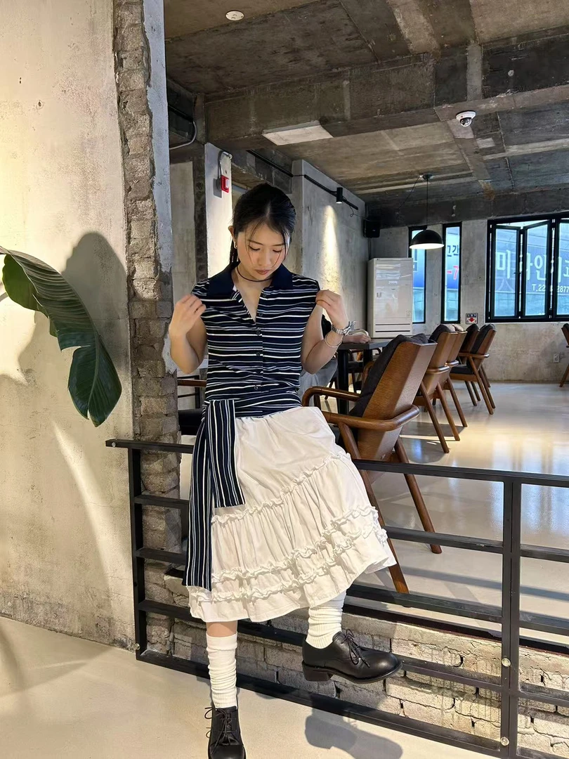 韩国东大门正品女装时尚无袖条纹poloT恤052002（NO退NO换）