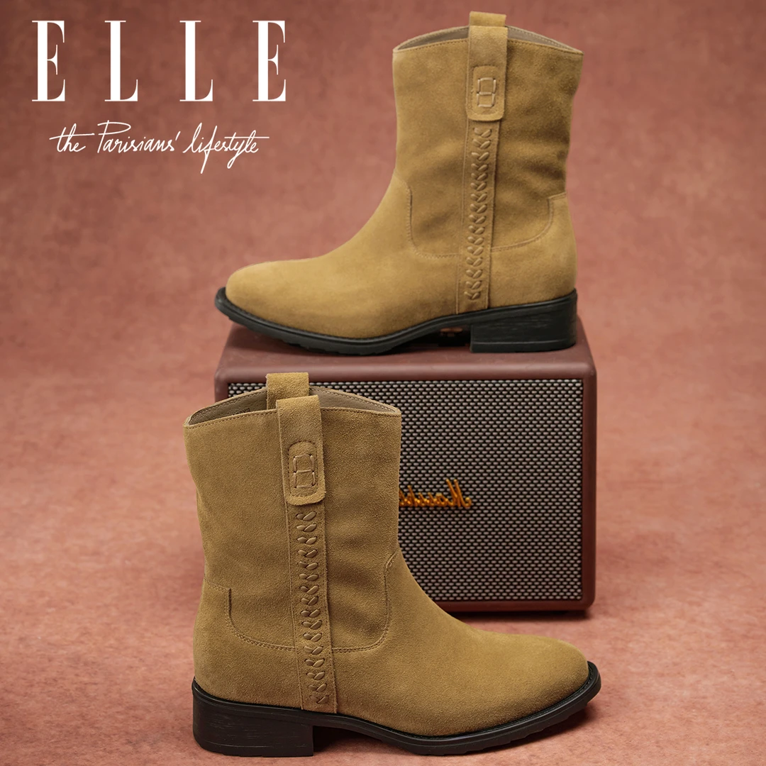 ELLE真皮西部靴女2025新款牛反绒皮圆头短靴套脚马丁靴游牧风靴子