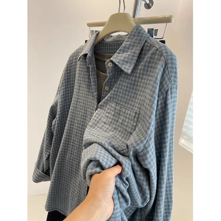 复古水洗磨毛蓝色格子衬衫外套女冬季加厚宽松休闲外搭叠穿上衣潮