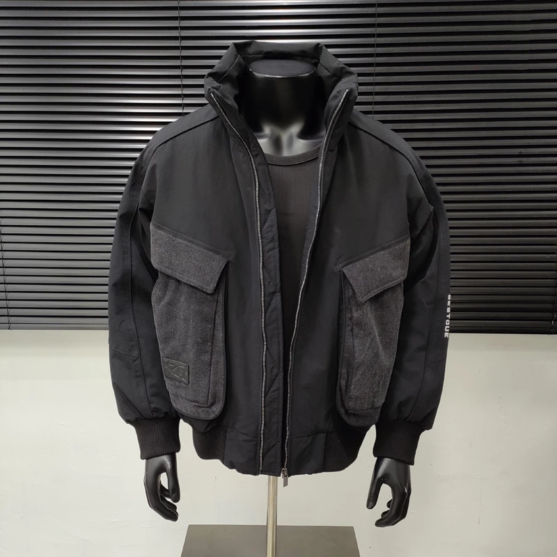 冬季新款工装牛仔拼接大口袋立领羽绒服男士宽松微廓50白鸭绒外套