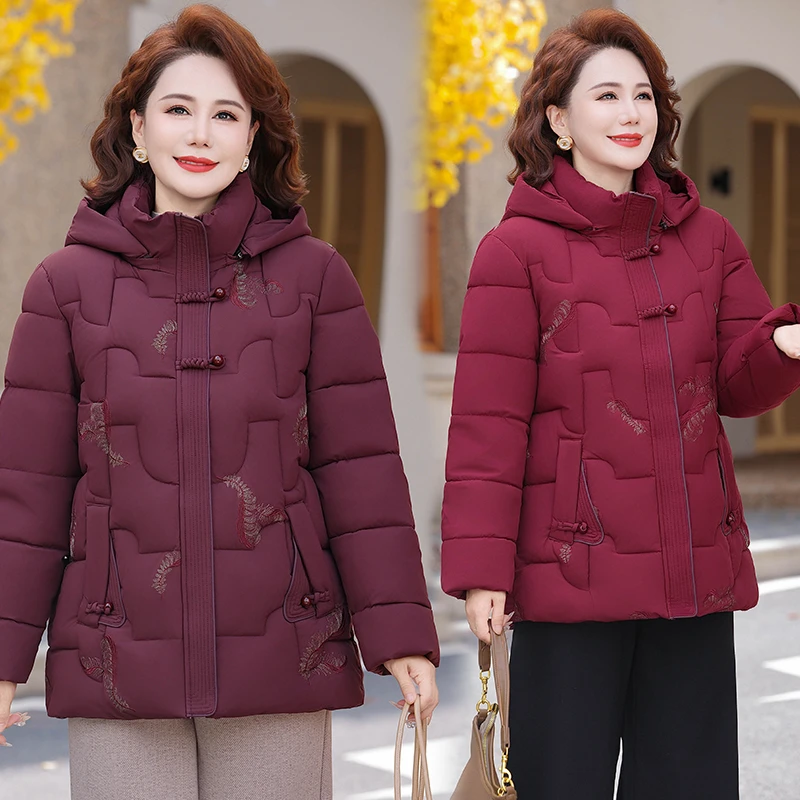 妈妈冬装保暖棉服外套中老年时尚女装时尚刺绣花棉衣洋气减龄棉袄