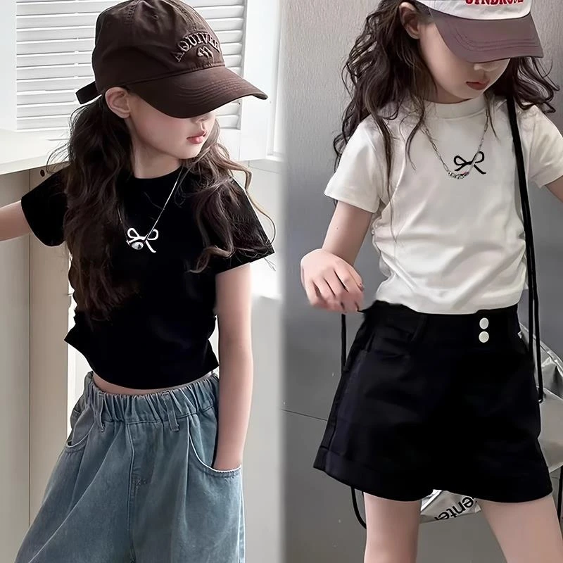 女童洋气修身T恤童装上衣衫夏季弹力新款酷辣蝴蝶结短款儿童服装