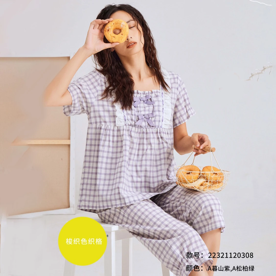 女七分裤格子夏季睡衣家居服套装薄款居家春夏短裤20308