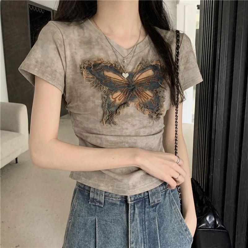 大码女装v领蝴蝶短袖T恤女夏季设计感小众不规则气质时