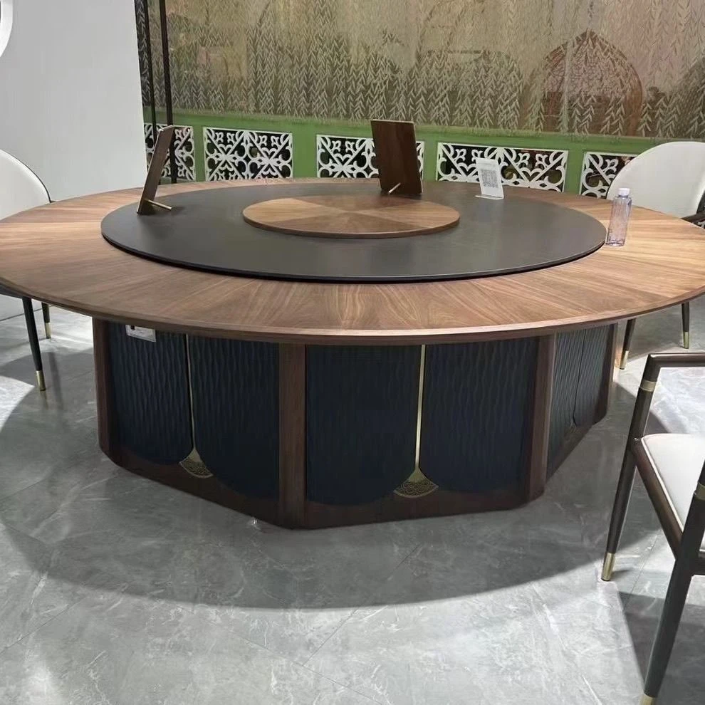 酒店大圆桌电动餐桌意式轻奢岩板别墅饭店会宴火锅圆餐桌餐厅桌椅