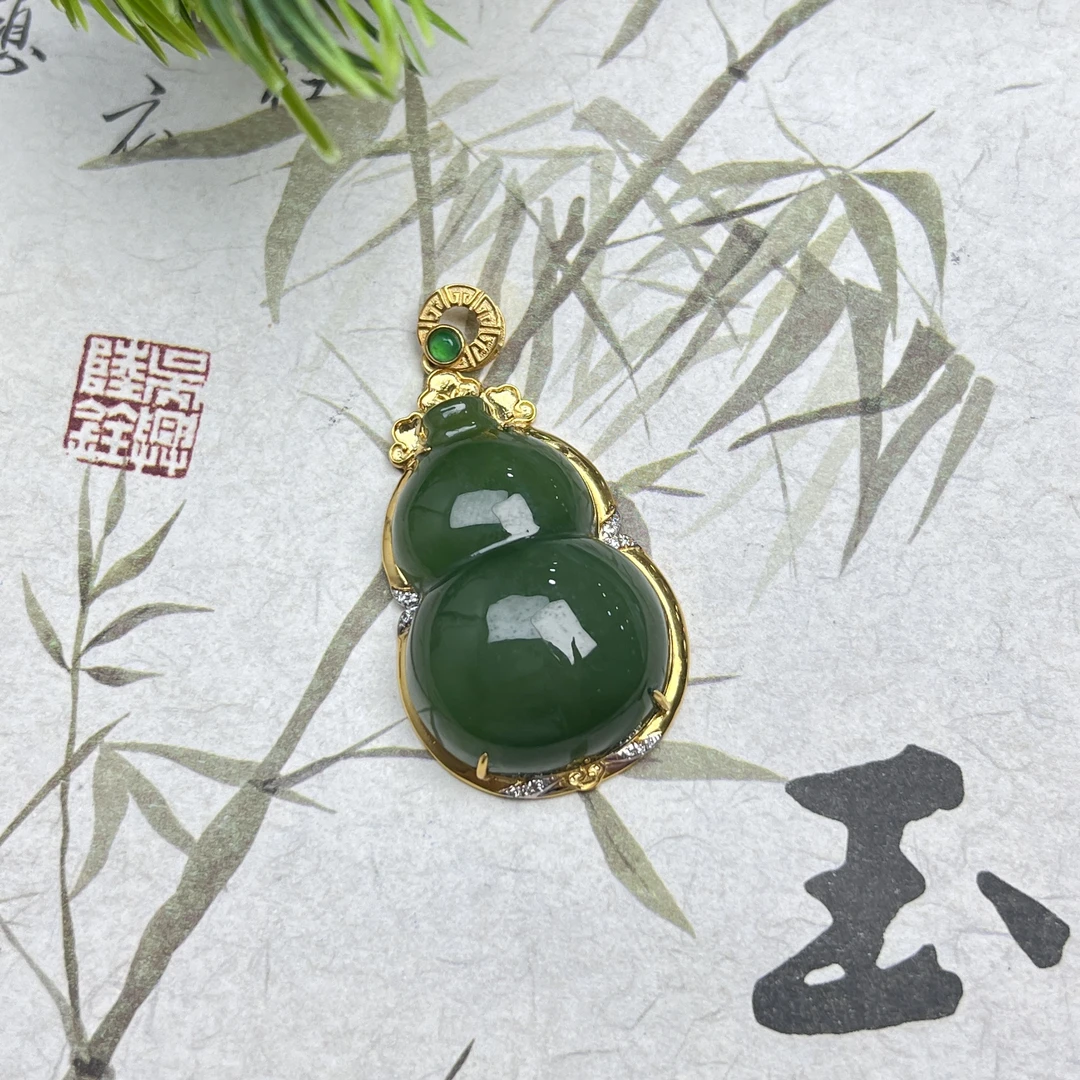 WF56和田玉碧玉猫眼18k金镶葫芦吊坠20*29*10mm+多样性发其一