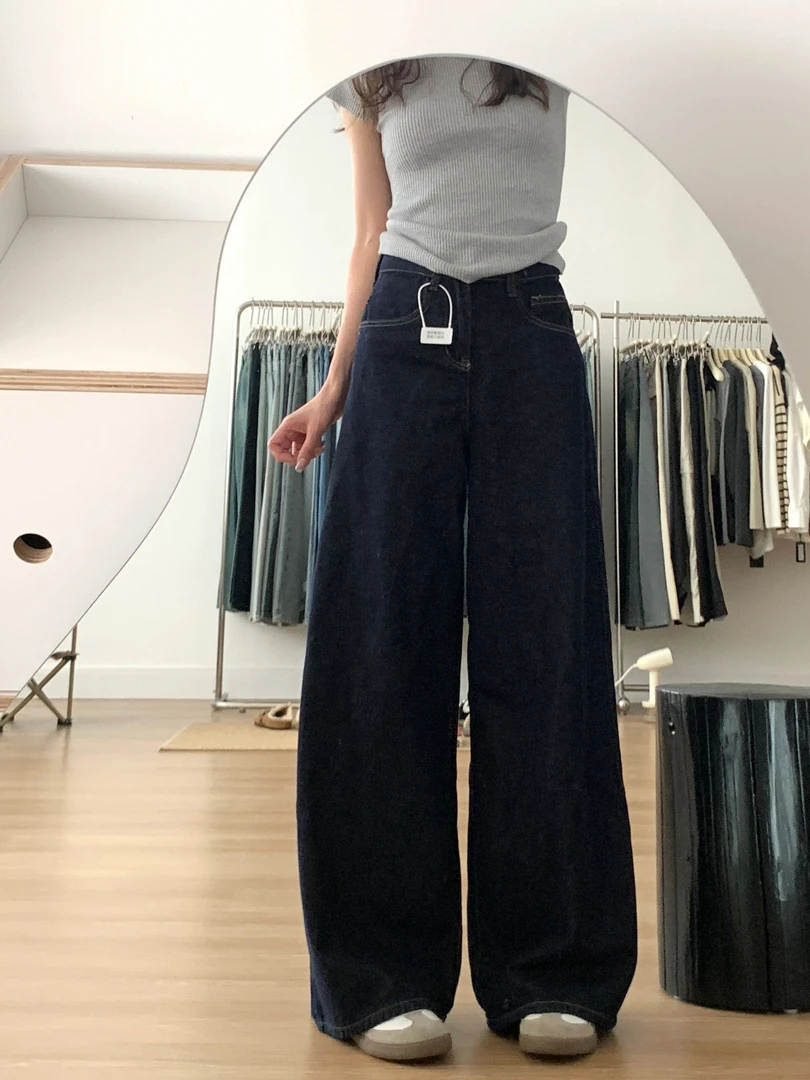 深蓝色复古阔腿牛仔裤女秋季新款大码胖mm宽松显瘦垂感慵懒拖地裤