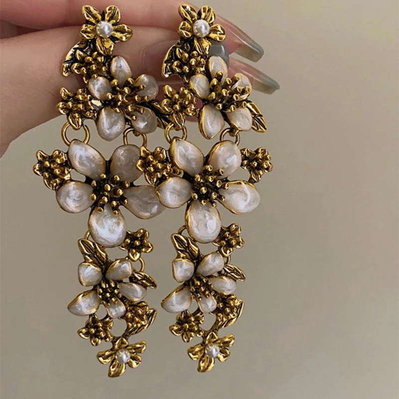 钛合金耳饰 s925滴油花朵树叶珍珠耳环法式宫廷风流苏耳坠中古
