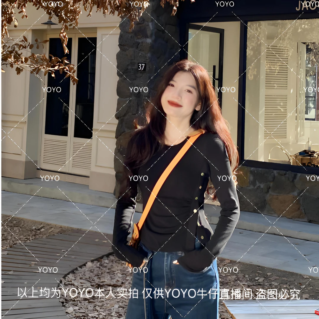 YOYO自制【贝壳小蛮腰】秋款上衣显瘦气质圆领长袖打底上衣