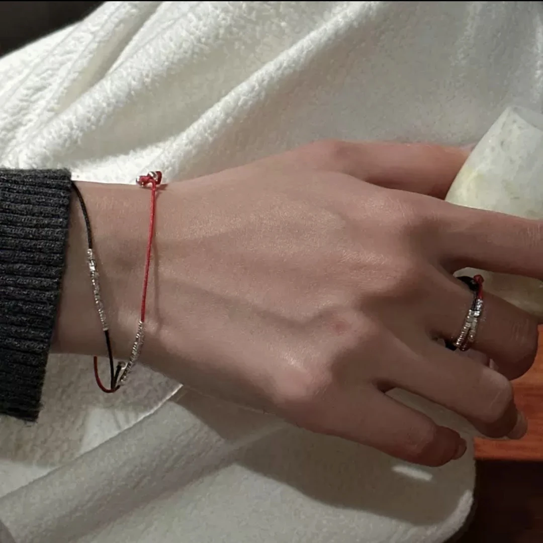 925银 【岁岁平安】本命年碎银细绳戒指简约手链高级叠戴