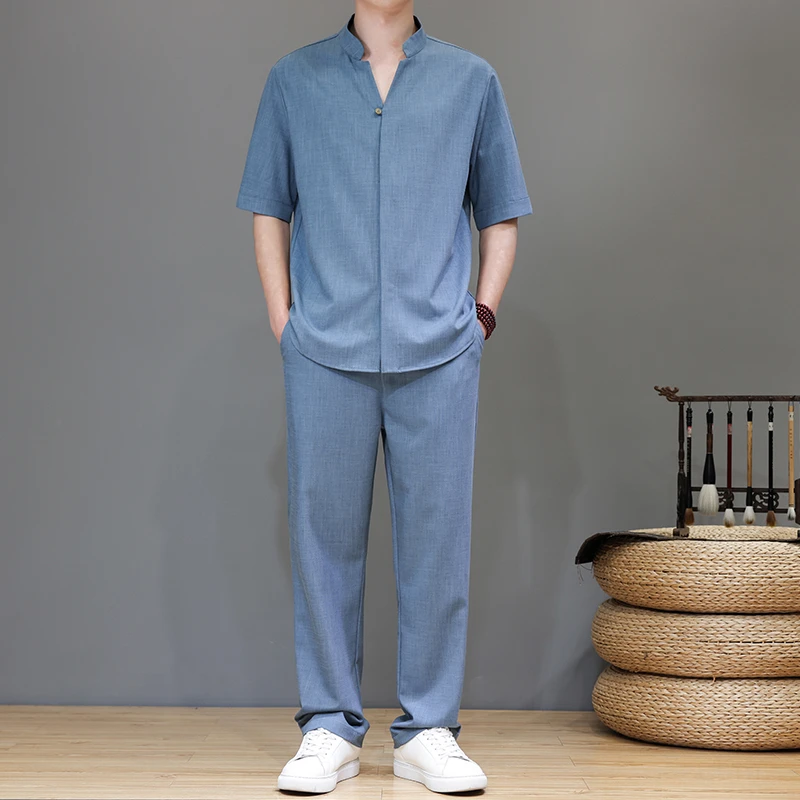 夏季中国风新款青年唐装天丝亚麻套装新中式大码短袖长裤两件套男