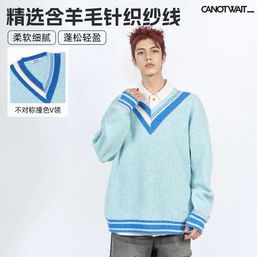CANOTWAIT_陈伟霆美式复古学院风不规则V领套头含羊毛休闲毛衣