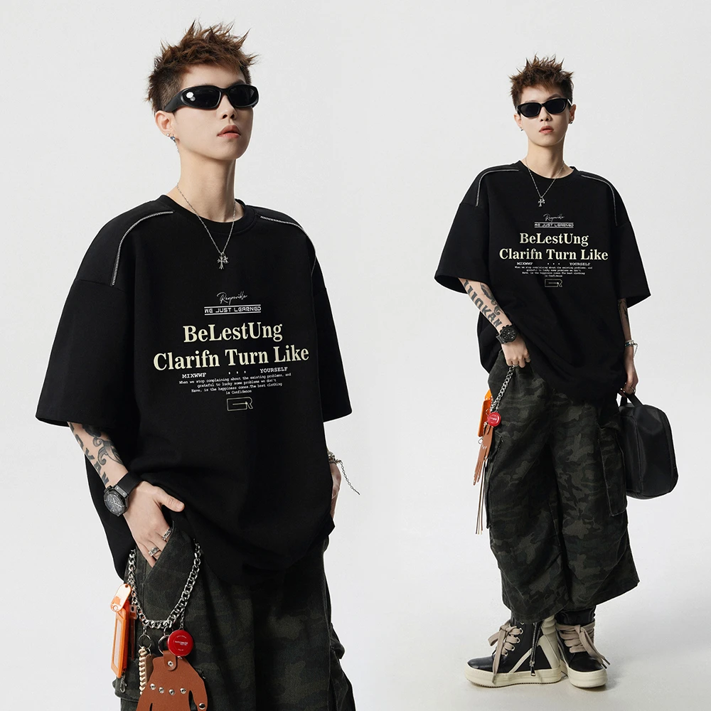 重磅水洗短袖T恤男夏季美式字母男女生情侣宽松拉链潮牌上衣