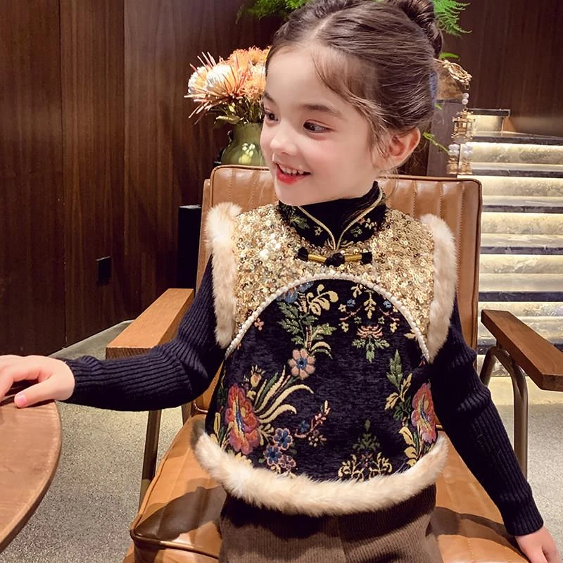 奥莱【专柜正品】女童唐装夹马甲女孩国风马面裙套装冬装2026新款洋