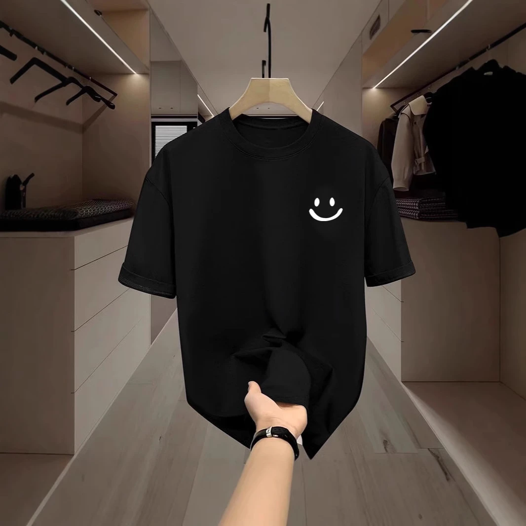2025新款夏季上衣黑色冰丝港风男女t恤百搭简约上衣男女同款短袖