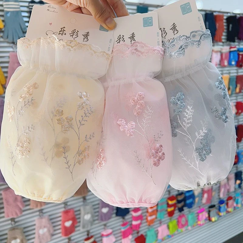 双层短款网纱袖套女秋冬季学生羽绒服护袖头透明蕾丝套袖成人手袖