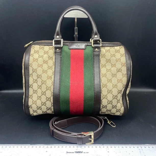 95新 GUCCI/古驰 红绿织带波士顿手提/13783 肩带后配