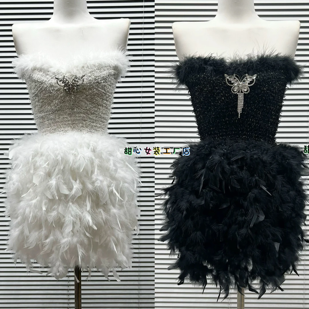 甜心家新款原创重工设计感羽毛抹胸连衣裙显瘦纯欲减龄时尚高级感