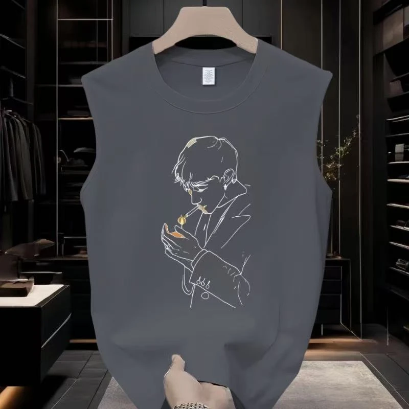 点火线条男孩男孩夏季潮牌圆领无袖t恤背心男款美式坎肩印花纯棉