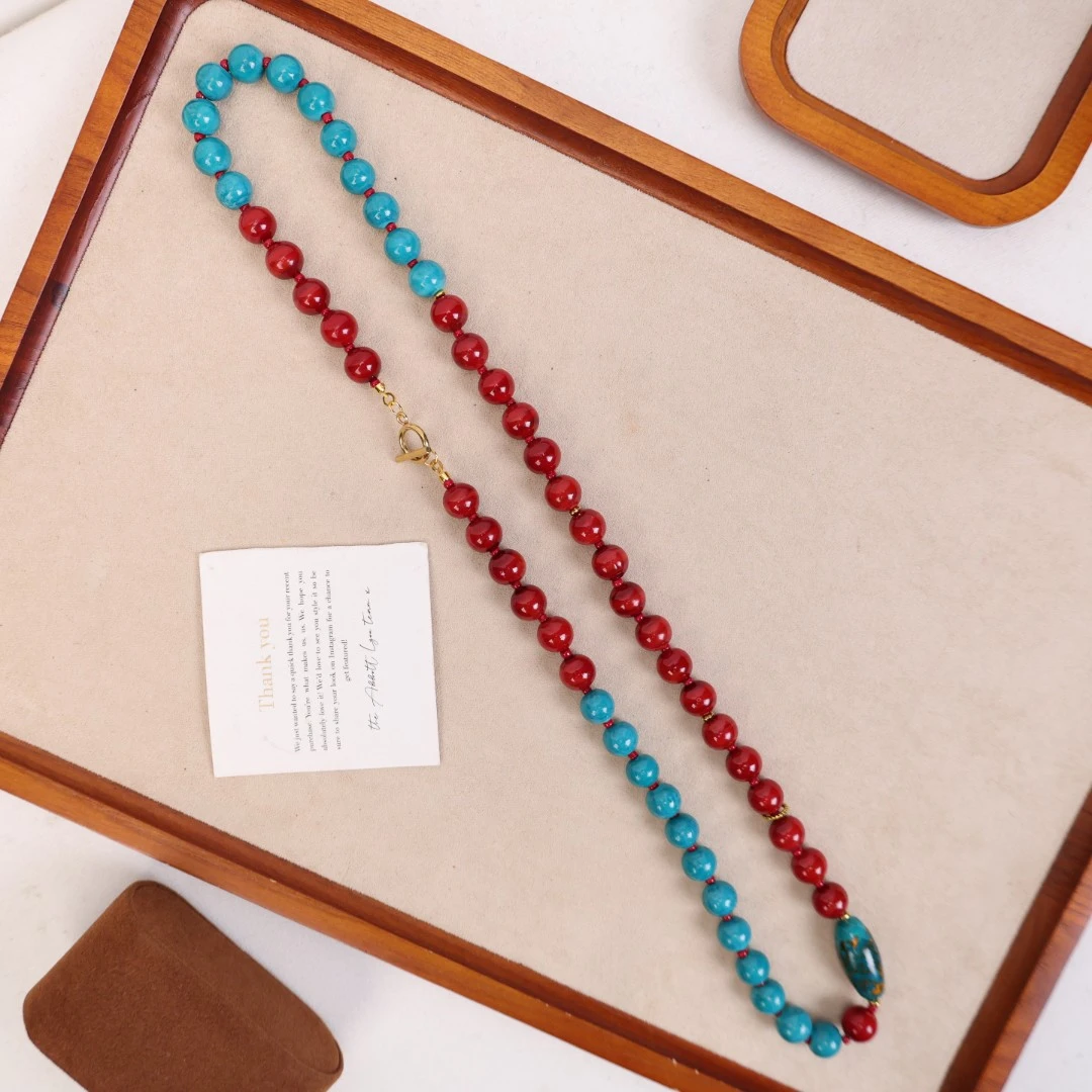 合金项链 合金项链 LZ1691 10mm鸡血红孔雀蓝色凤尾琉璃项链64cm