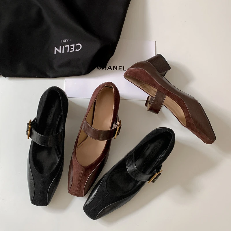 春季新款法式复古方头一字扣带粗跟玛丽珍鞋时尚百搭浅口单鞋女