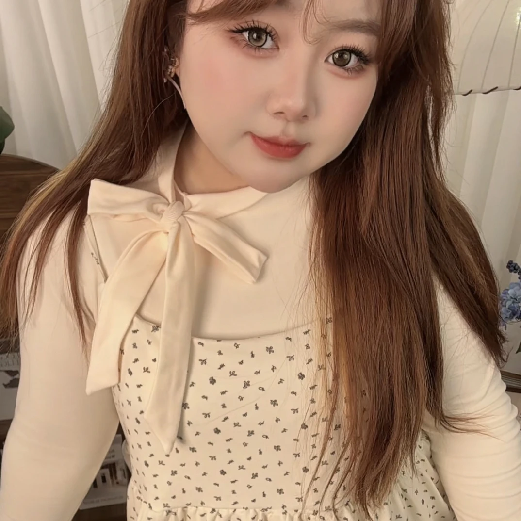 磨毛大码蝴蝶结系带加厚长袖波点T恤女秋冬叠穿吊带马甲绝美上衣