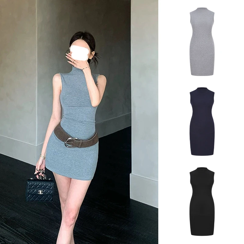 Moses Queen/魔西女王灰色高领无袖背心连衣裙女收腰显瘦包臀短裙