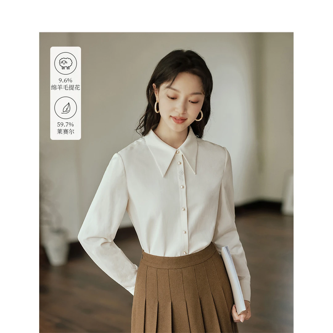 茵曼冬季女衬衫上衣衬衣长袖新款休闲白色爆款百搭时尚舒适简约