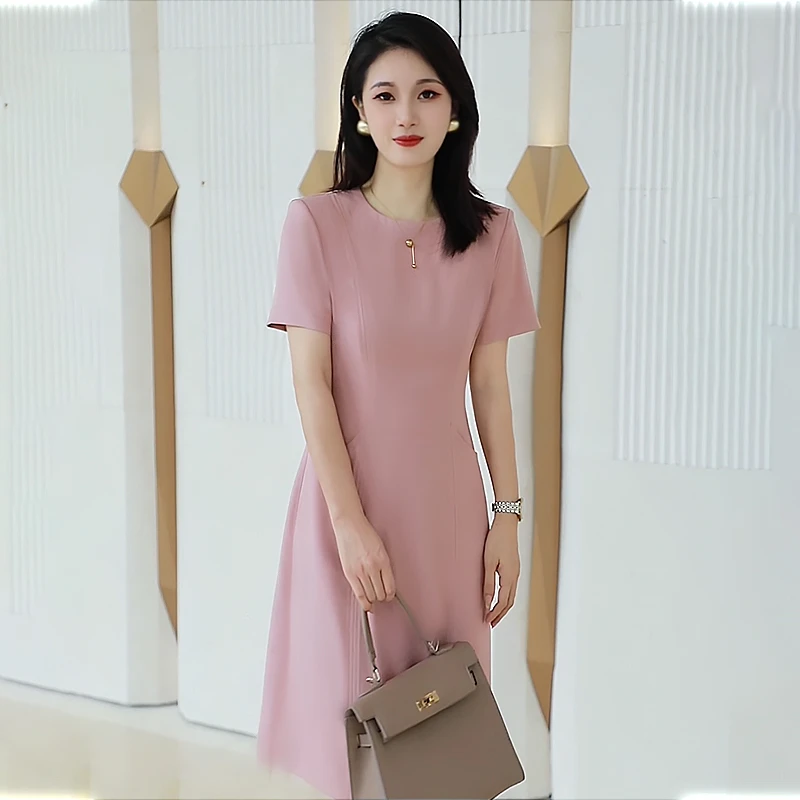粉色女夏季新款优雅通勤小香风时尚气质修身显瘦A字裙女装连衣裙