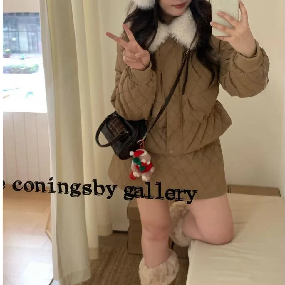 微胖大码女冬季新款加厚保暖收腰棉服外套+半身裙胖mm保暖两件套