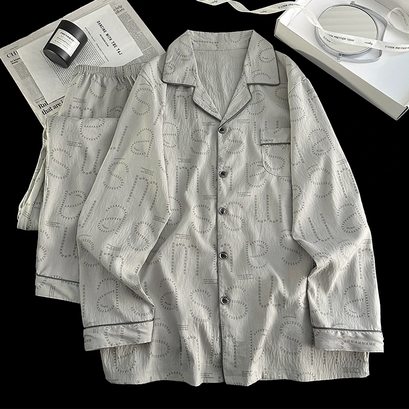 2025春秋设计款睡衣细棉纱男士字母长袖长裤家居服休闲套装