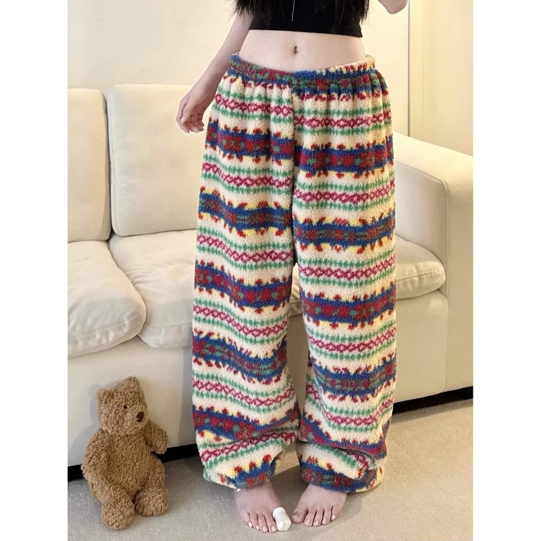 甜美少女费尔岛彩色条纹珊瑚绒睡裤女冬季加绒加厚保暖家居长裤