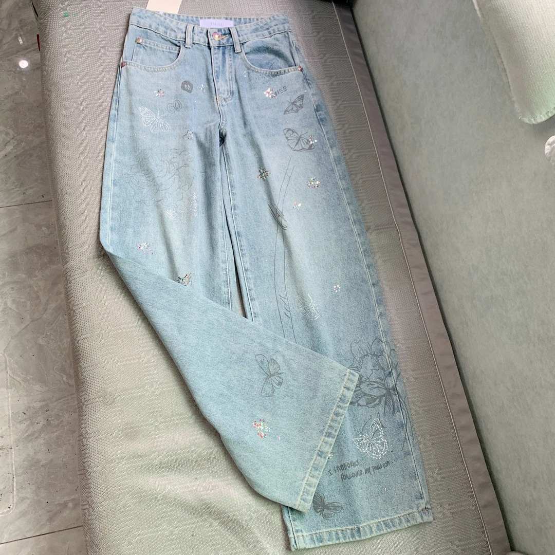 【明星同款】2025春新品数码印花烫钻重工设计感牛仔裤阔腿裤0818