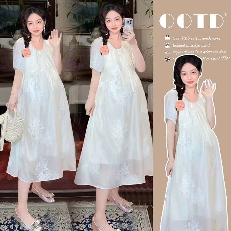 2025夏季新品重工剌绣高级法式流行白色中长款宽松气孕妇连衣裙