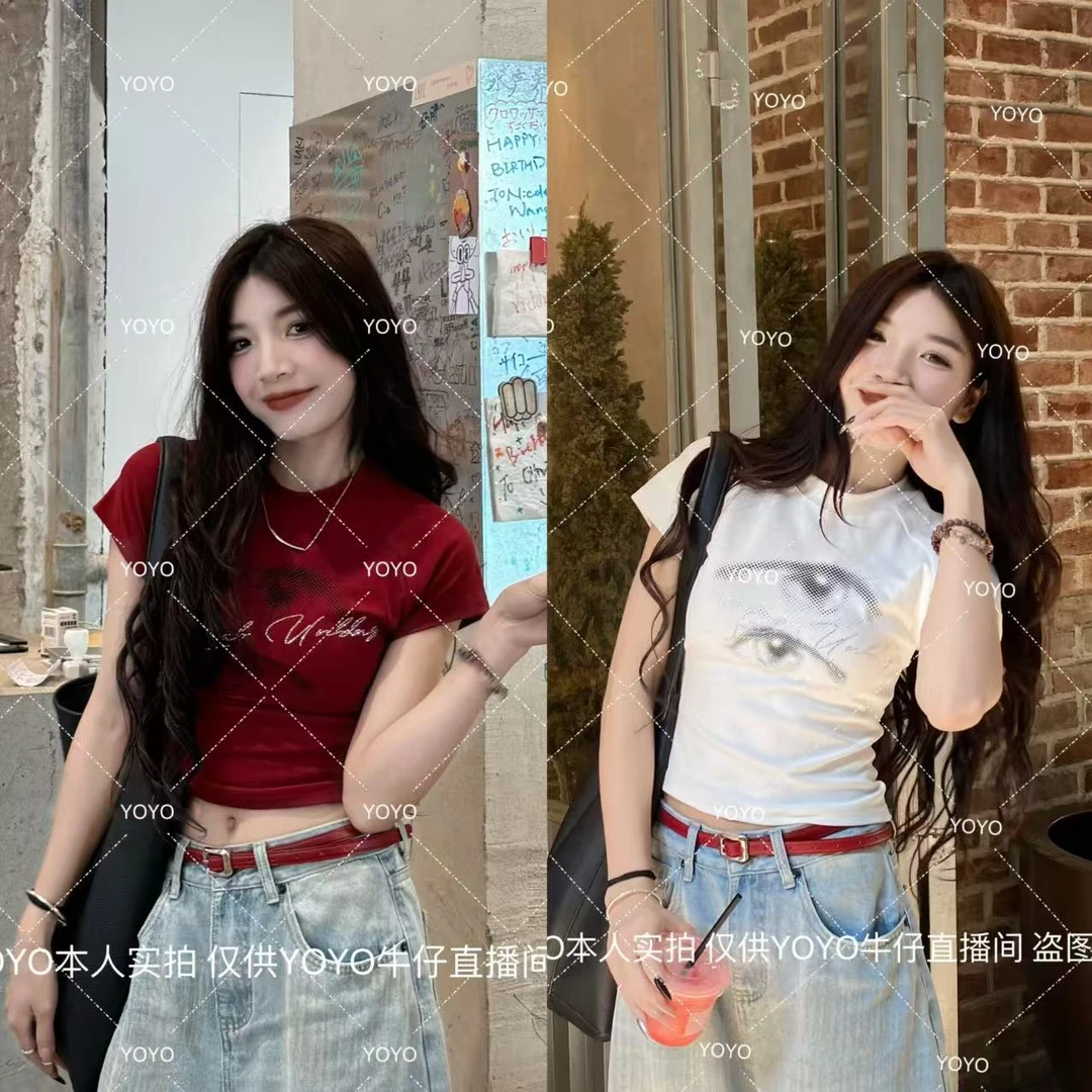 YOYO自制【大小眼】夏款2025显瘦辣妹短款小众印花短袖上衣