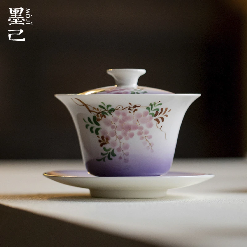 墨己玉泥手绘紫藤花陶瓷三才盖碗功夫茶具家用敬茶碗泡茶碗盖碗