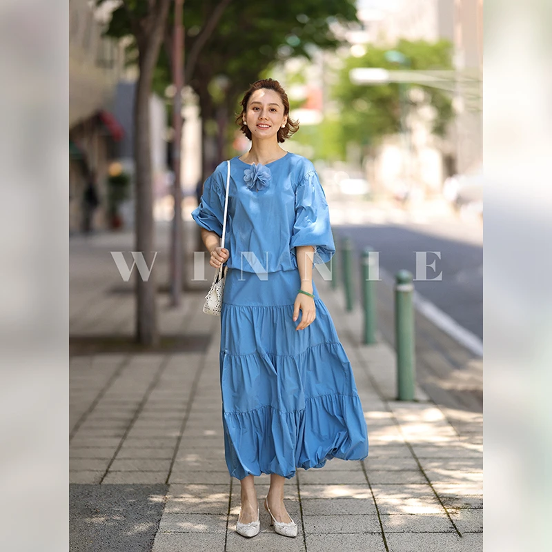 WinnieTang手工立体花朵八分灯笼袖短上衣花苞蛋糕半裙丝棉内里