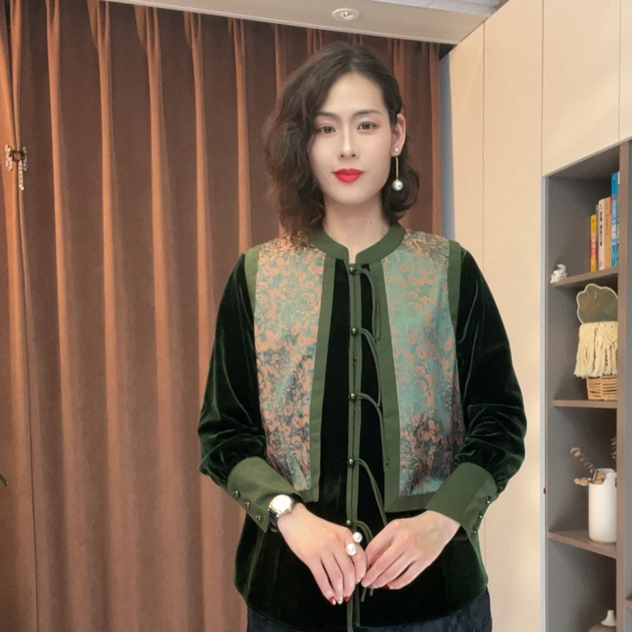 秋季新款国风假两件丝绒百搭提花碎花中老年女装新中式
