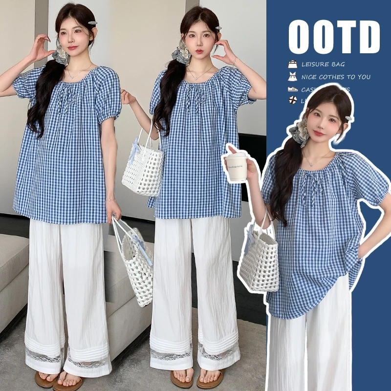 孕妇套装夏季2025新款气质格子上衣宽松休闲孕妈高级穿搭阔腿裤女