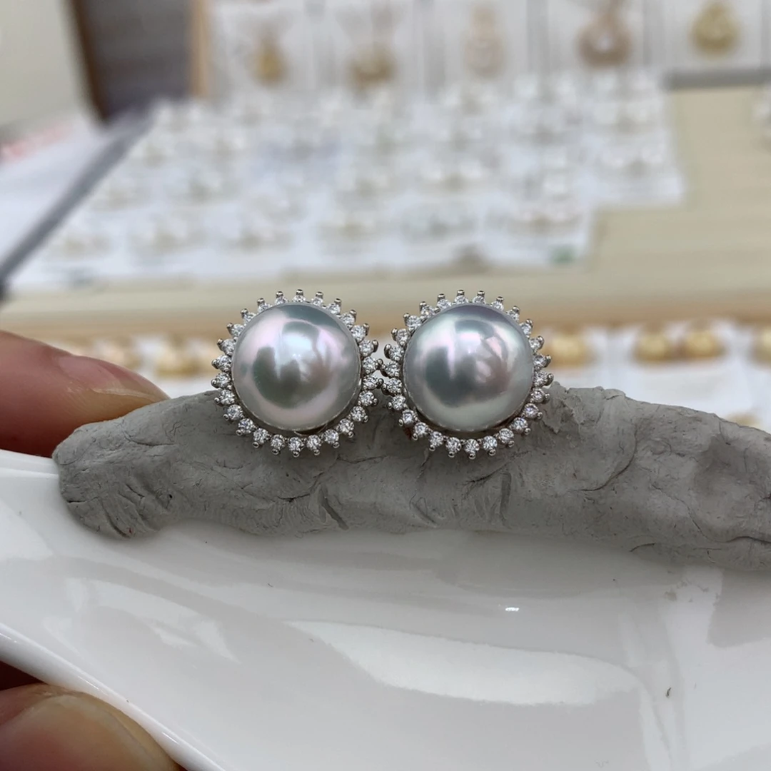 未镶嵌耳饰海水珍珠澳白银蓝极光不包配件